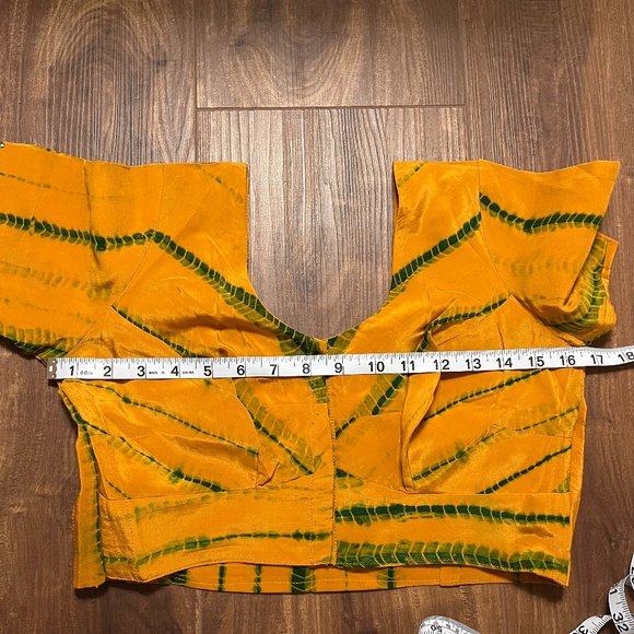 Mustard Yellow Shibori Tie Dye Saree Orange Green Chiffon Indian Sari - Picture 13 of 15